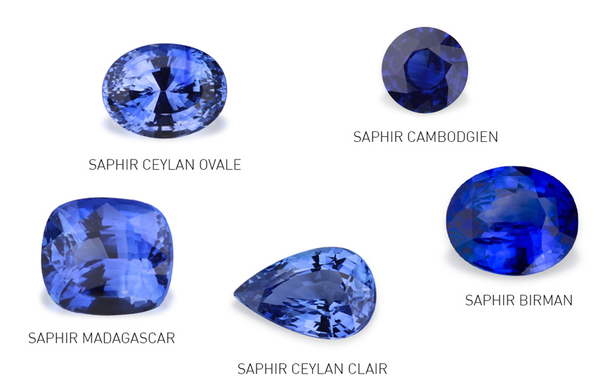 Comparaison des différentes variétés de saphirs bleus : saphir de Ceylan, saphir birman, saphir de Madagascar et saphir cambodgien